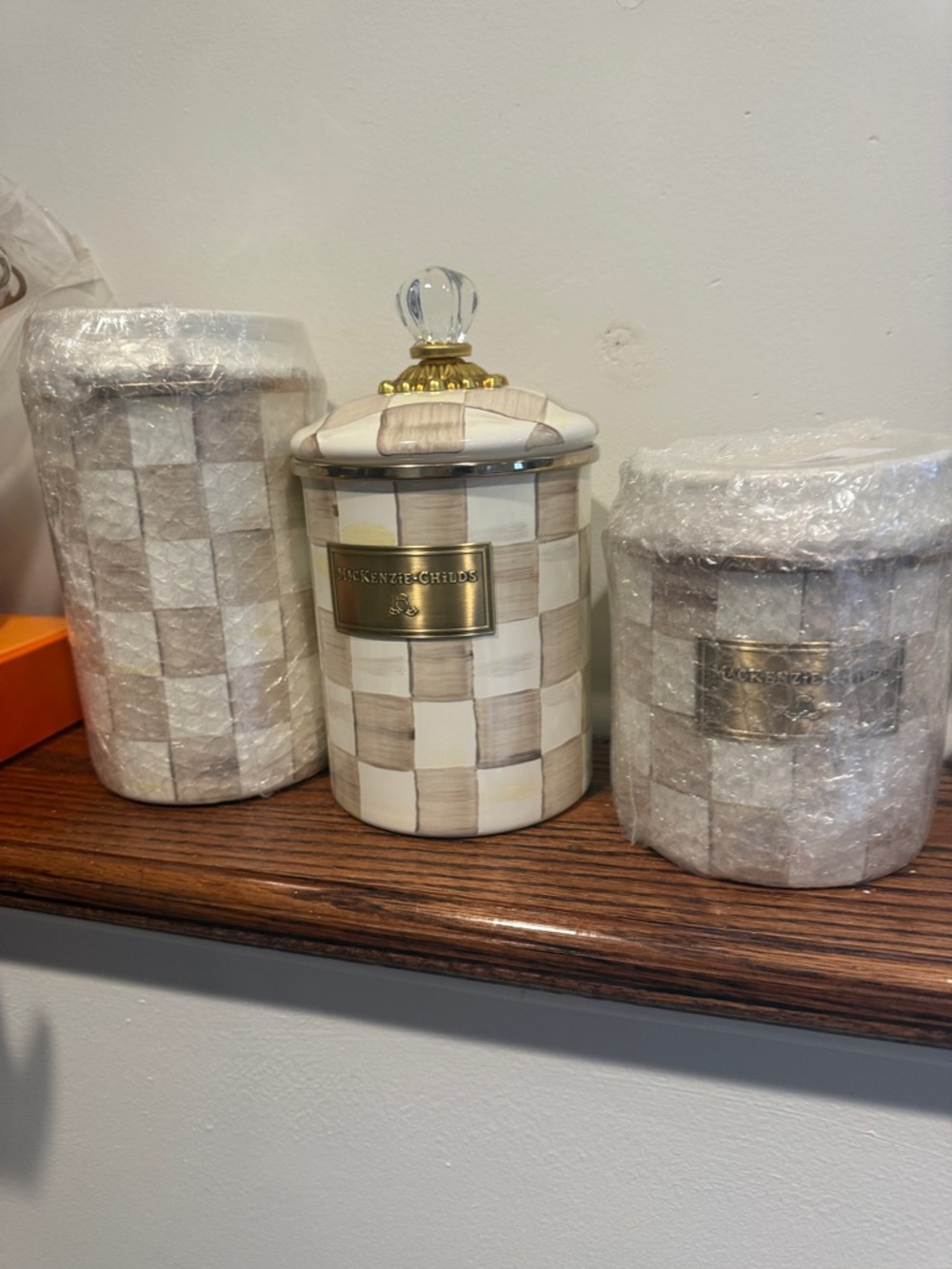 MacKenzie-Childs Mocha Checke Ceramic Canister with Crystal Knob Set 3